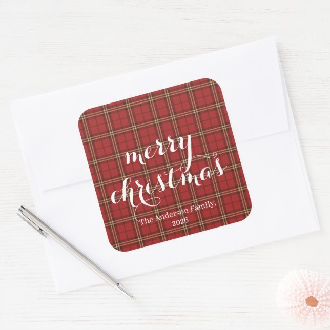 Classic Plaid Merry Christmas Festive -  Square Sticker (Envelope)