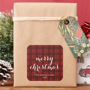 Classic Plaid Merry Christmas Festive -  Square Sticker