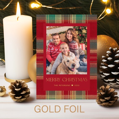 Classic plaid Merry Christmas photo red gold Foil Holiday Card