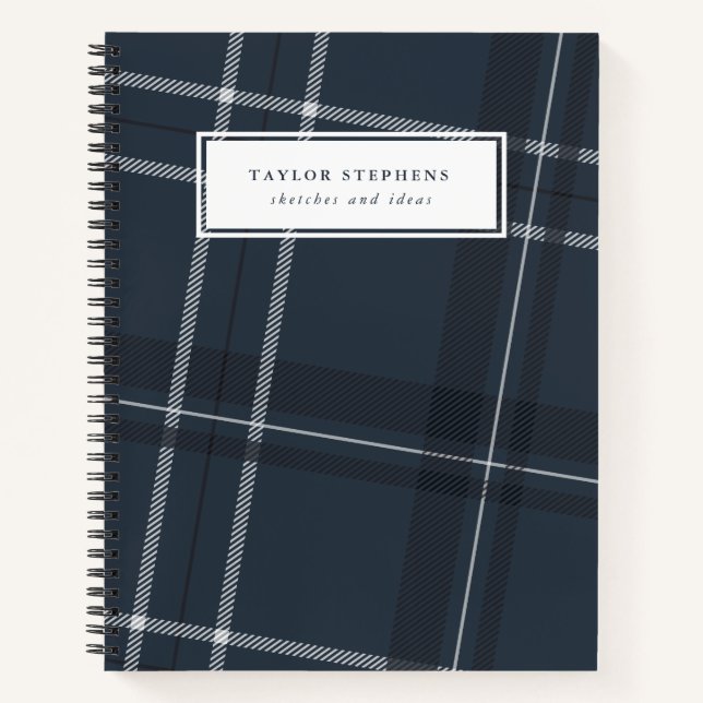 Classic plaid navy blue personalized notebook (Front)