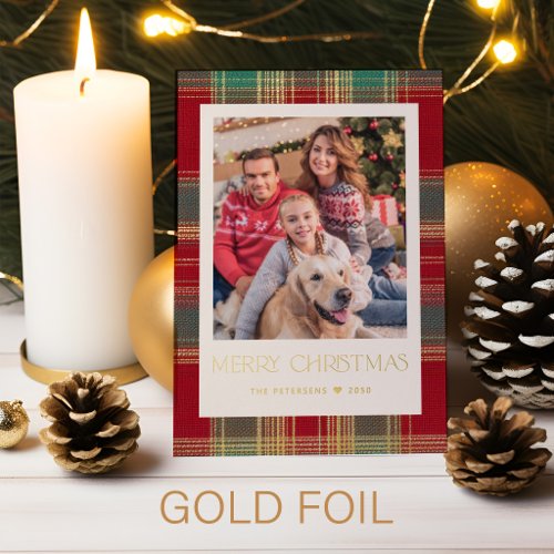 Classic plaid pattern Merry Christmas photo gold Foil Holiday Card
