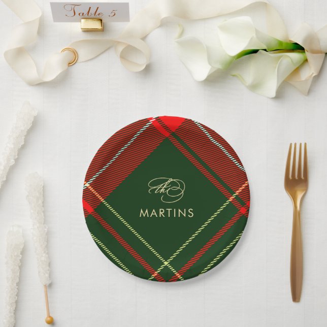 Classic Plaid Personalized Name Christmas Holiday Paper Plates (Wedding)