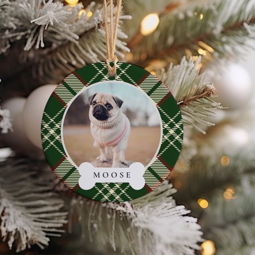 Classic Plaid Personalized Pet Dog Photo  Name Ceramic Ornament