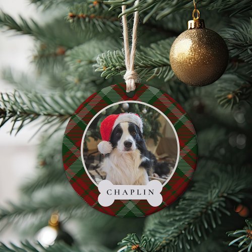 Classic Plaid Personalized Pet Dog Photo  Name Ceramic Ornament