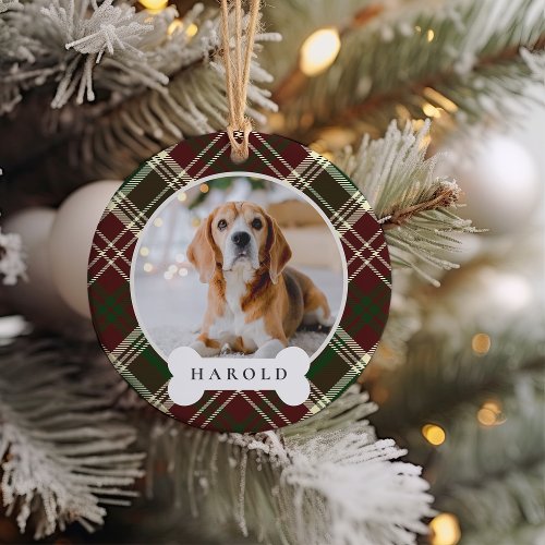 Classic Plaid Personalized Pet Dog Photo  Name Ceramic Ornament