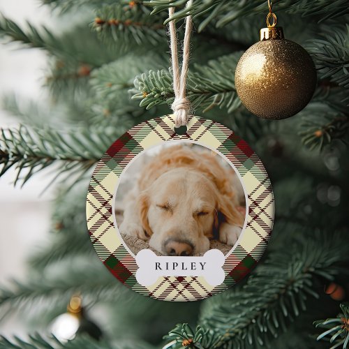 Classic Plaid Personalized Pet Dog Photo  Name Ceramic Ornament