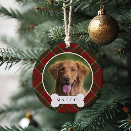 Classic Plaid Personalized Pet Dog Photo  Name Ceramic Ornament