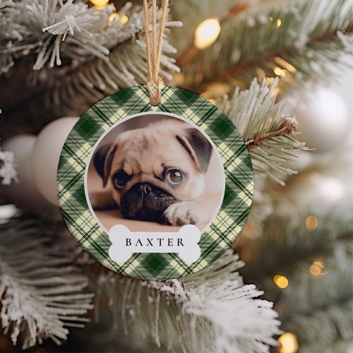 Classic Plaid Personalized Pet Dog Photo  Name Ceramic Ornament