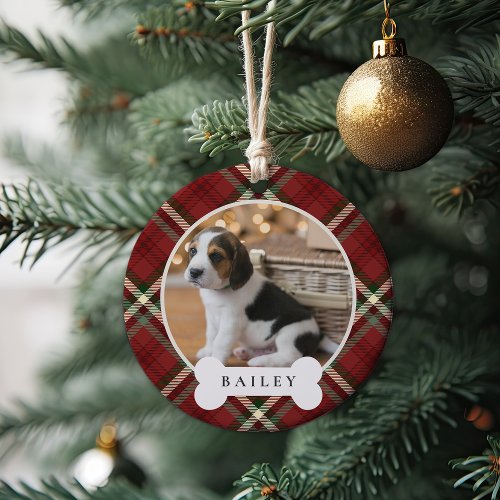 Classic Plaid Personalized Pet Dog Photo  Name Ceramic Ornament