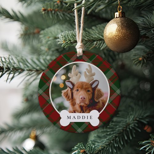 Classic Plaid Personalized Pet Dog Photo  Name Ceramic Ornament