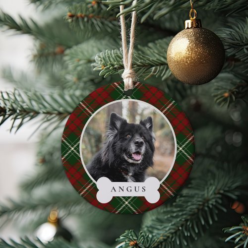 Classic Plaid Personalized Pet Dog Photo  Name Ceramic Ornament