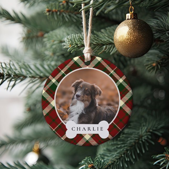 Classic Plaid Personalized Pet Dog Photo & Name Ceramic Ornament (Creator Uploaded)