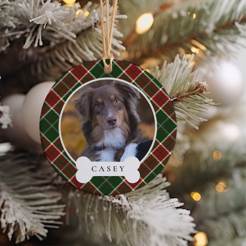 Classic Plaid Personalized Pet Dog Photo  Name Ceramic Ornament