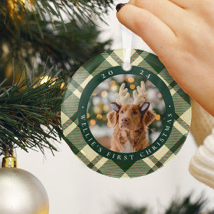 Classic Plaid Pet's First Christmas Photo Glass Ornament