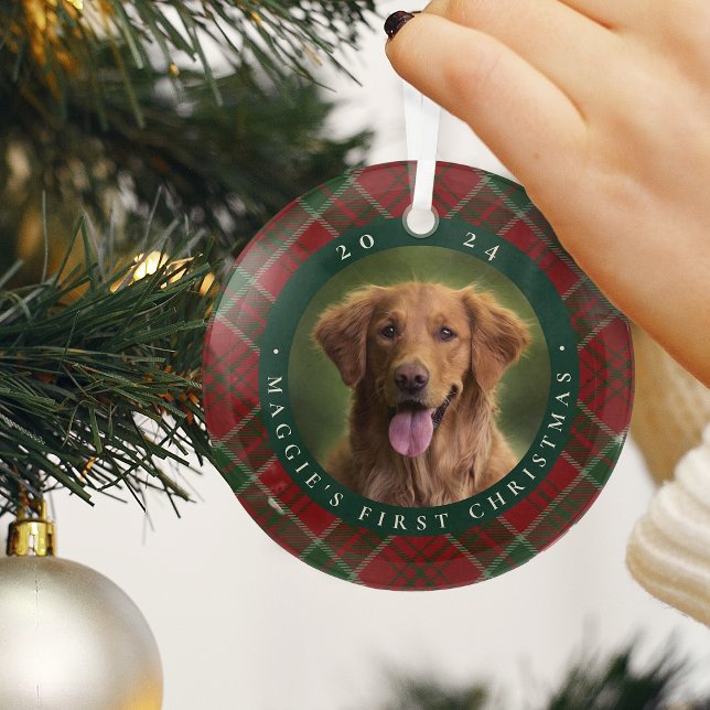 Classic Plaid Pet's First Christmas Photo Glass Ornament (Creator Uploaded)