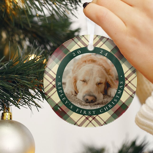 Classic Plaid Pet's First Christmas Photo Glass Ornament (Creator Uploaded)