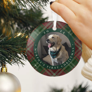 Classic Plaid Pet's First Christmas Photo Glass Ornament