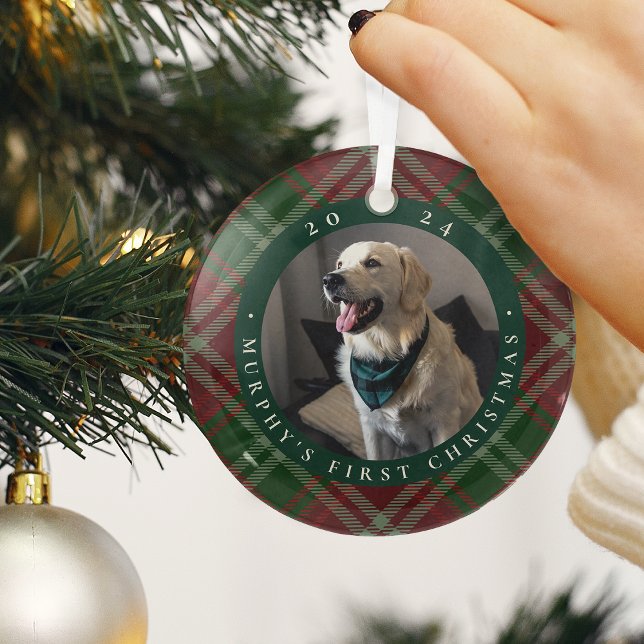 Classic Plaid Pet's First Christmas Photo Glass Ornament (Creator Uploaded)