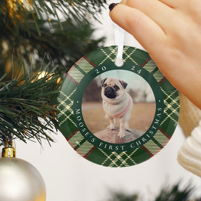 Classic Plaid Pet's First Christmas Photo Glass Ornament (Creator Uploaded)