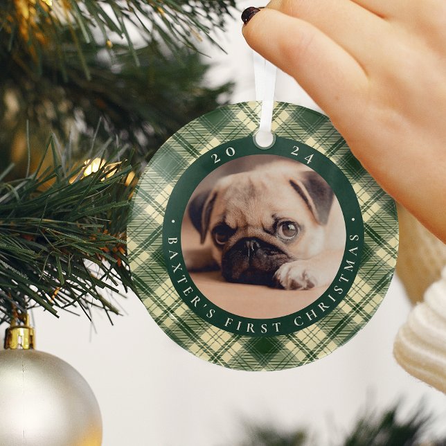 Classic Plaid Pet's First Christmas Photo Glass Ornament (Creator Uploaded)
