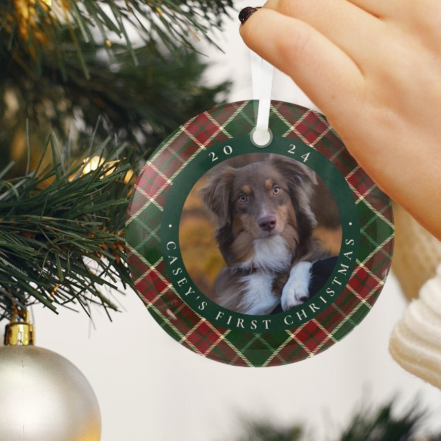 Classic Plaid Pet's First Christmas Photo Glass Ornament (Creator Uploaded)