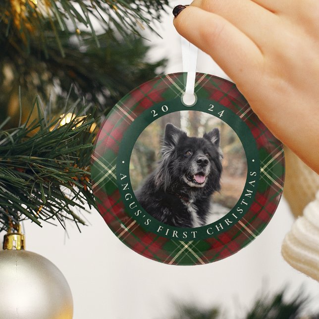 Classic Plaid Pet's First Christmas Photo Glass Ornament (Creator Uploaded)