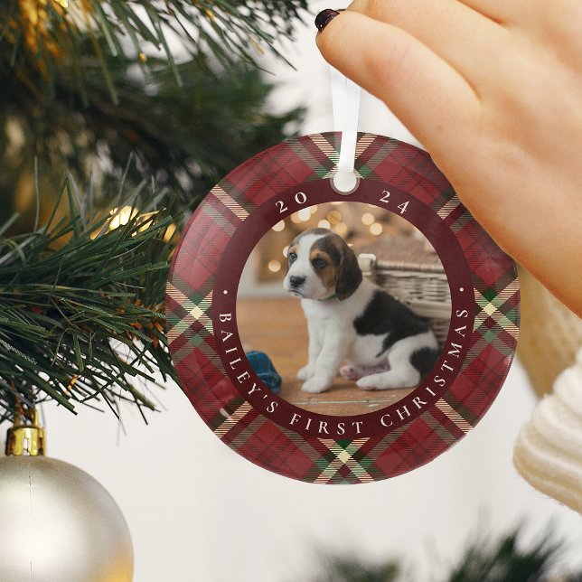 Classic Plaid Pet's First Christmas Photo Glass Ornament (Creator Uploaded)