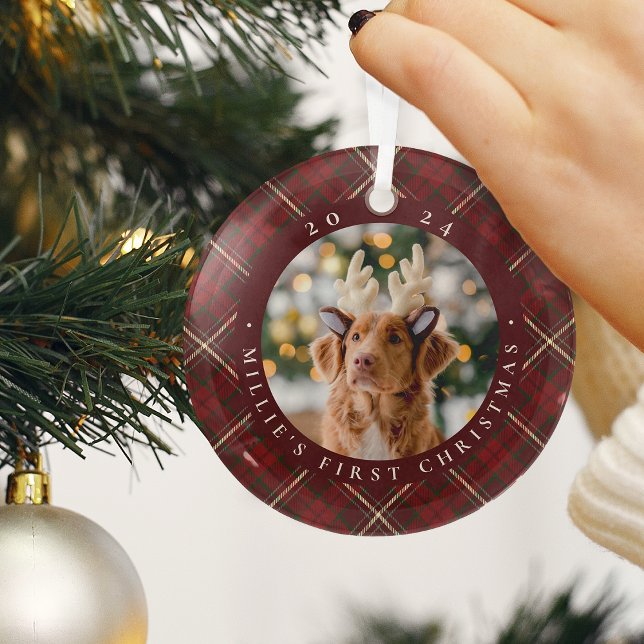 Classic Plaid Pet's First Christmas Photo Glass Ornament (Creator Uploaded)