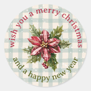 Classic Plaid Poinsettia Floral Merry Christmas Classic Round Sticker