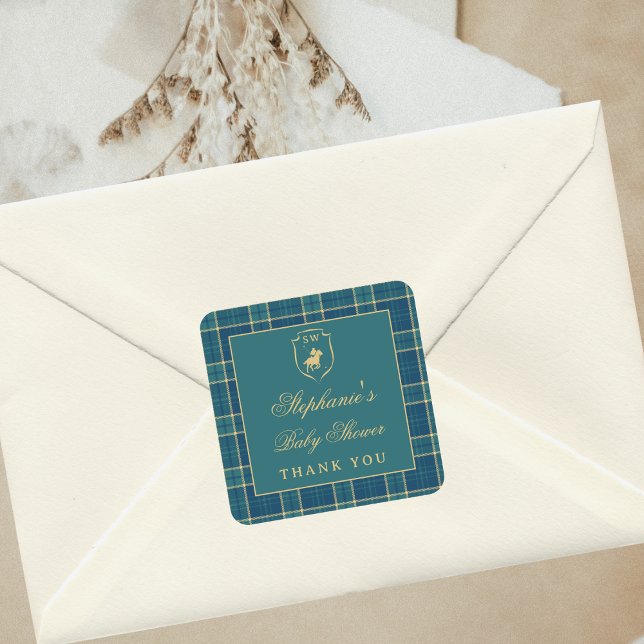 Classic Plaid Polo Green Equestrian Baby Shower Square Sticker (Creator Uploaded)
