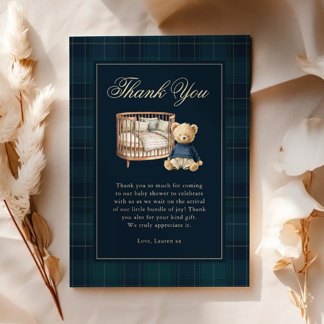 Classic Plaid Polo Teddy Bear Baby Shower Thank You Card (Creator Uploaded)