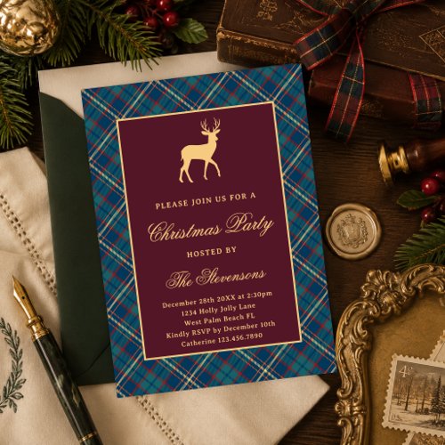 Classic Plaid Reindeer Burgundy Christmas Party Invitation