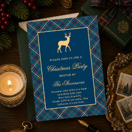 Classic Plaid Reindeer Navy Blue Christmas Party Invitation