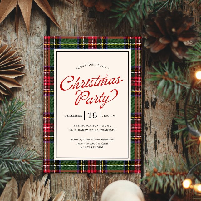 Classic Plaid Retro Script Christmas Party Invitation (Creator Uploaded)