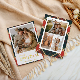 Classic Plaid Single Photo Merry Christmas Foil Holiday Card