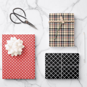 Classic Plaid Stripes Black White Polka Dots Wrapping Paper Sheets