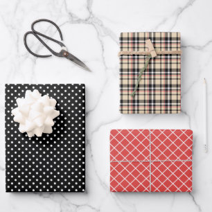 Classic Plaid Stripes Black White Polka Dots Wrapping Paper Sheets