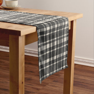 Classic Plaid Tartan Pattern-Black & Off-White Short Table Runner