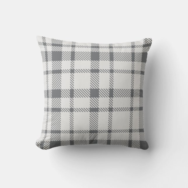 Classic Plaid Tartan Pattern-Neutral Grey & White Throw Pillow (Front)