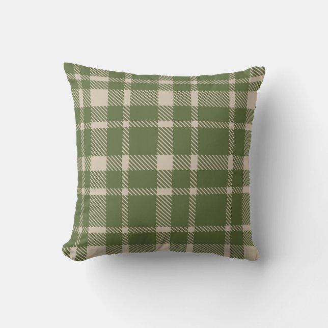 Classic Plaid Tartan Pattern-Olive Green & Cream Throw Pillow (Front)