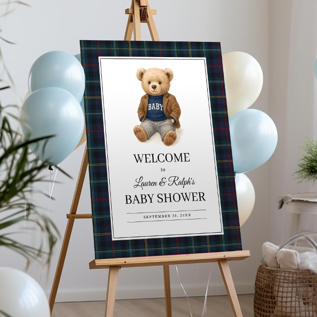 Classic Plaid Teddy Bear Baby Shower Welcome Sign (Creator Uploaded)