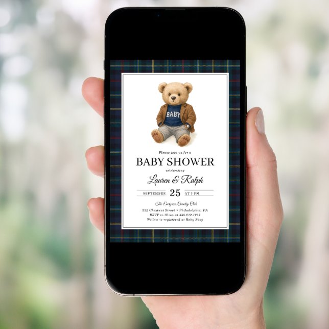 Classic Plaid Teddy Bear Lauren Baby Shower Invitation (Front Digital)