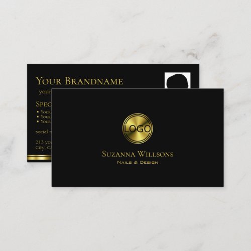 Classic Plain Black Gold with Logo and Photo Chic Business Card