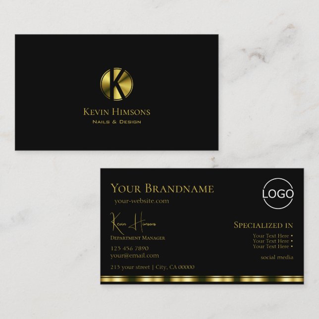 Classic Plain Black Gold with Monogram and Logo Business Card (Front/Back)