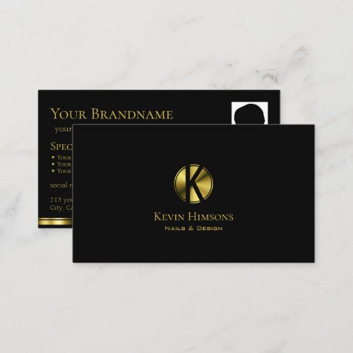 Classic Plain Black Gold with Monogram and Photo Business Card
