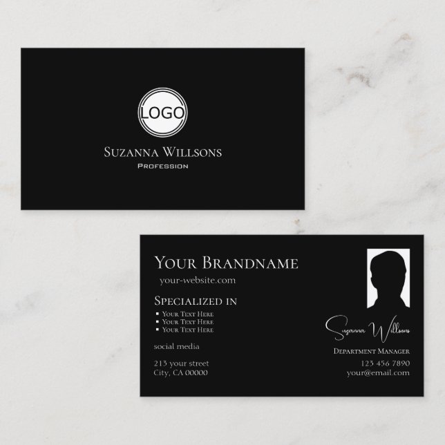 Classic Plain Black White Dot with Logo and Photo Business Card (Front/Back)