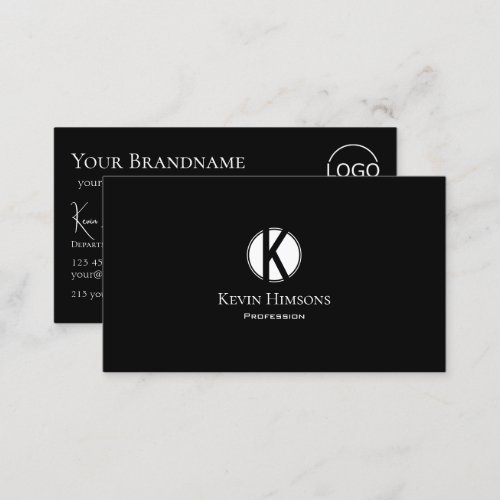 Classic Plain Black with Monogram and Logo Stylish Business Card