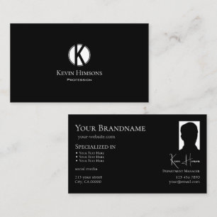 Classic Plain Black with Monogram and Photo Modern Business Card