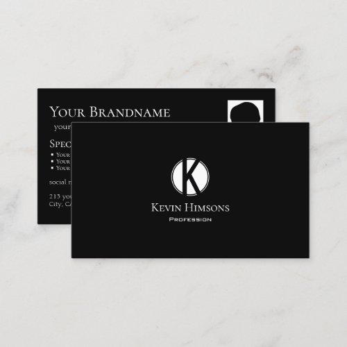 Classic Plain Black with Monogram and Photo Modern Business Card