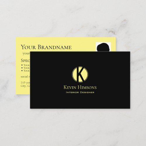 Classic Plain Black Yellow with Monogram and Photo Business Card